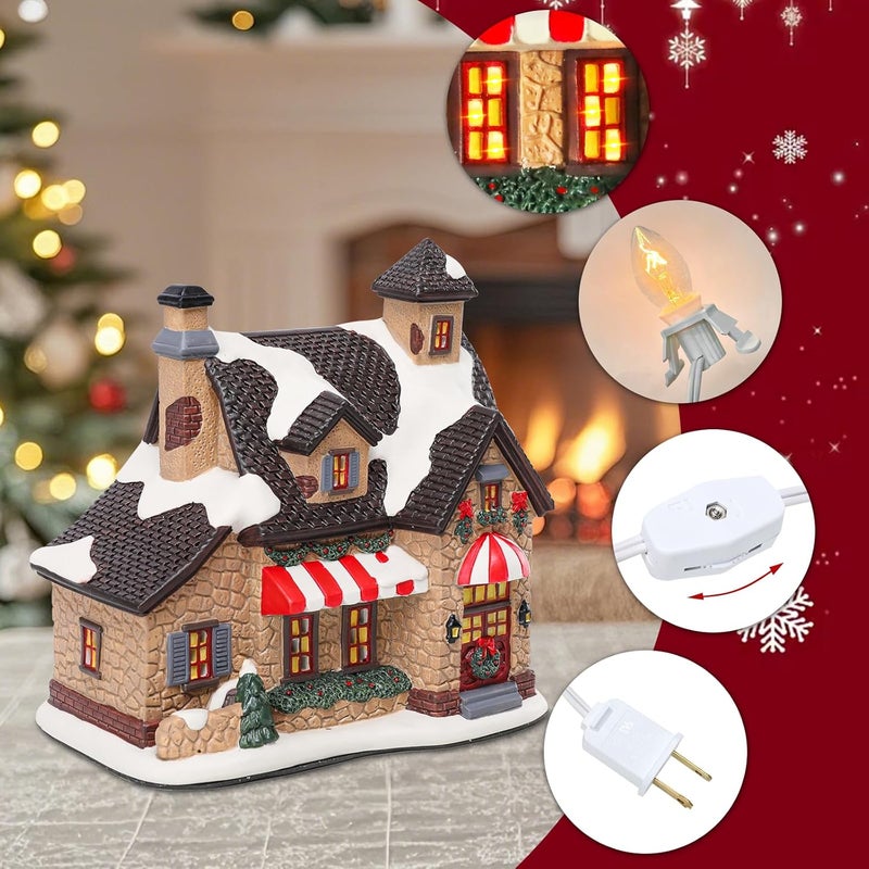 VCUTEKA Christmas Village House Lighted Indoor Decorations Gingerbread House with LED Light Christmas Village Collectible Buildings Figurines Ceramic Shop House Light up Figurine for Holiday Xmas Decor - Image 3